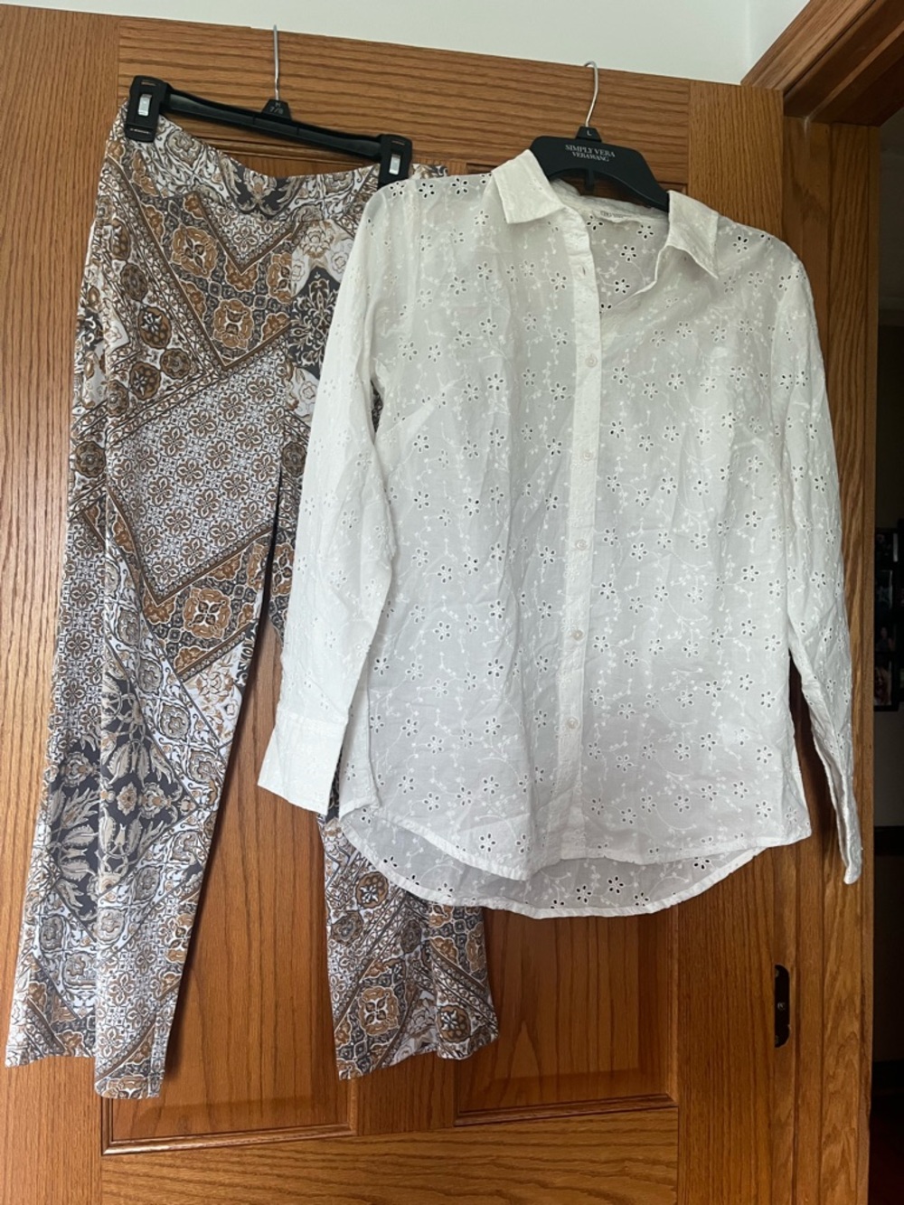 White Eyelet Button-Up Shirt and pants